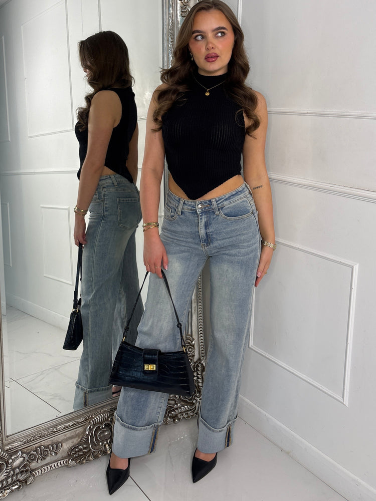 Low Waist Fold Over Hem Detailed Jeans - Washed Out Denim