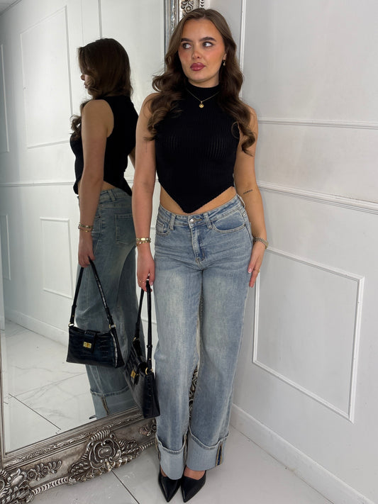 Low Waist Fold Over Hem Detailed Jeans - Washed Out Denim