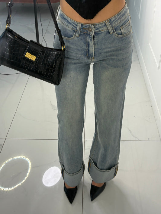 Low Waist Fold Over Hem Detailed Jeans - Washed Out Denim