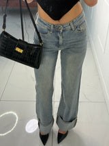 Low Waist Fold Over Hem Detailed Jeans - Washed Out Denim