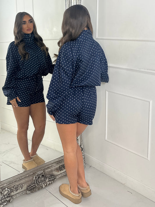 Polka Dot Zip Up Jacket & Elasticated Waist Shorts Set - Navy