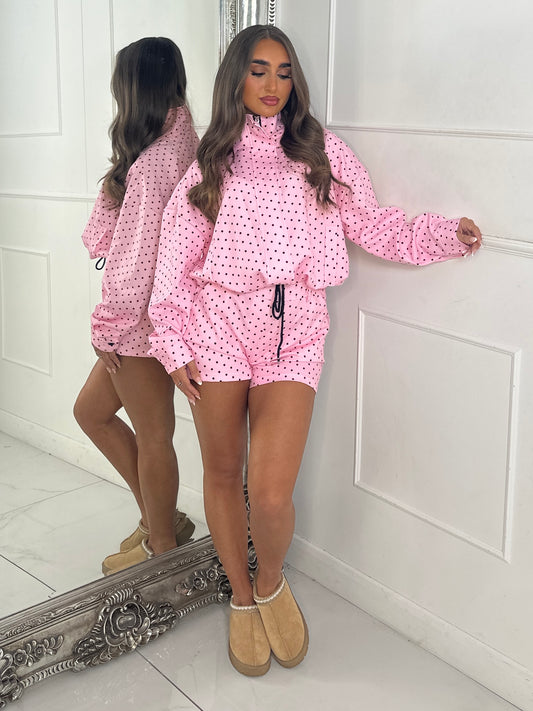 Polka Dot Zip Up Jacket & Elasticated Waist Shorts Set - Baby Pink
