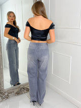 Satin Off Shoulder Corset Top - Black