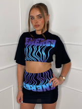 Cropped T-Shirt Co-ord - Black Energy Print