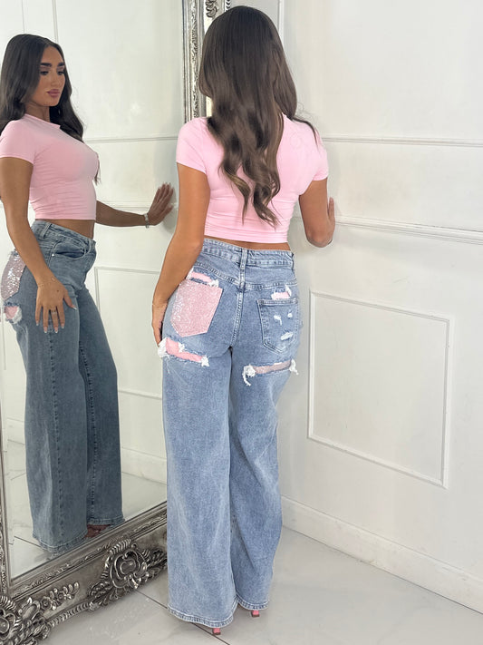 Sequin Pocket Detail Denim Jeans - Blue/Pink