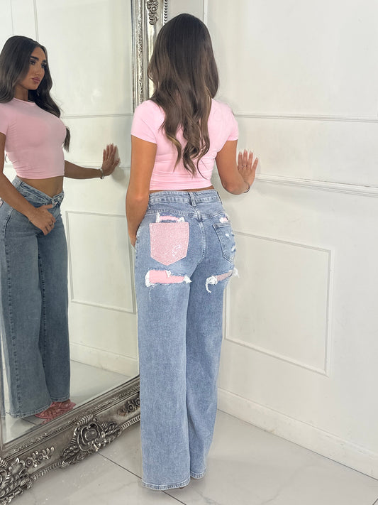 Sequin Pocket Detail Denim Jeans - Blue/Pink