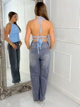 Halter Neck Tie Back Chiffon Top - Baby Blue