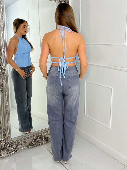 Halter Neck Tie Back Chiffon Top - Baby Blue