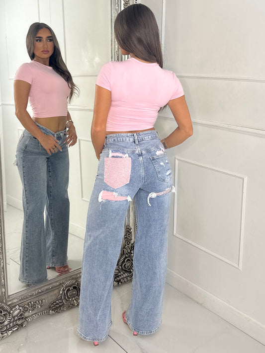 Sequin Pocket Detail Denim Jeans - Blue/Pink
