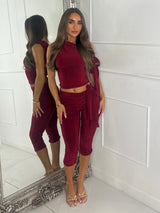 Asymmetric Tie Shoulder Top & Capri Pants Co-Ord - Wine