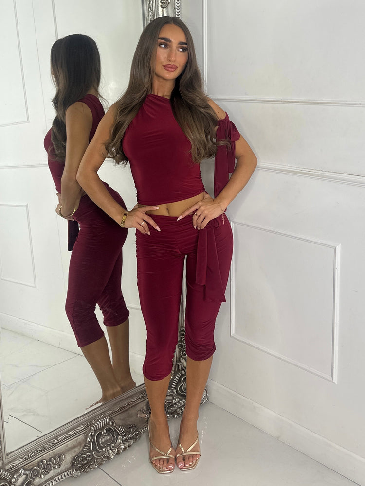 Asymmetric Tie Shoulder Top & Capri Pants Co-Ord - Wine