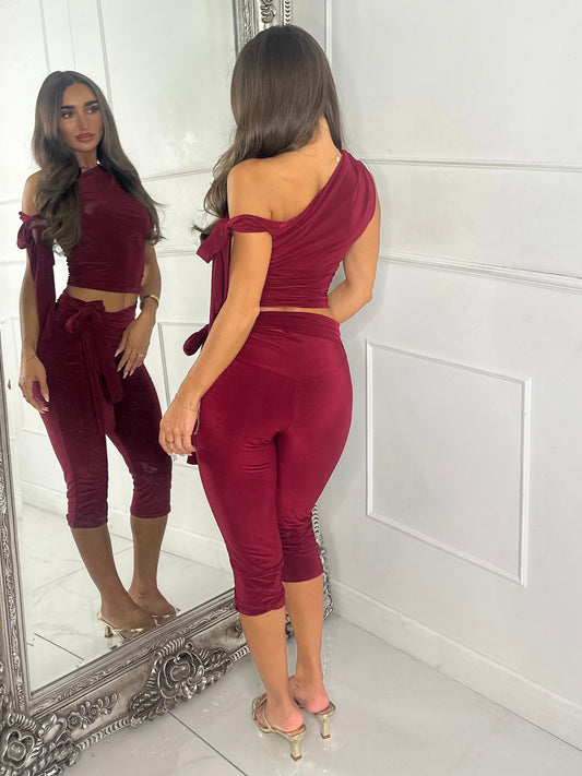 Asymmetric Tie Shoulder Top & Capri Pants Co-Ord - Wine