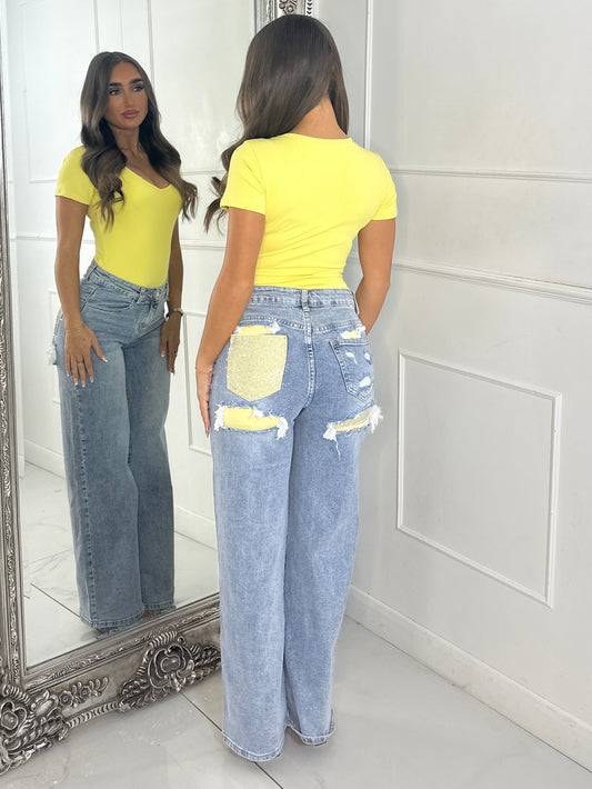 Sequin Pocket Detail Denim Jeans - Blue/Yellow