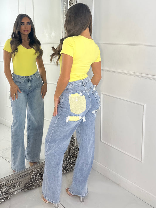 Sequin Pocket Detail Denim Jeans - Blue/Yellow