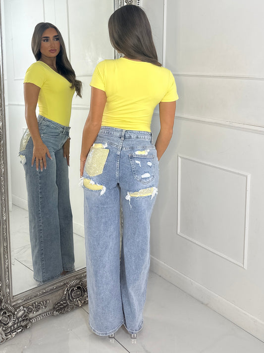 Sequin Pocket Detail Denim Jeans - Blue/Yellow
