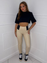 Elasticated Band Leather Leggings - Cream