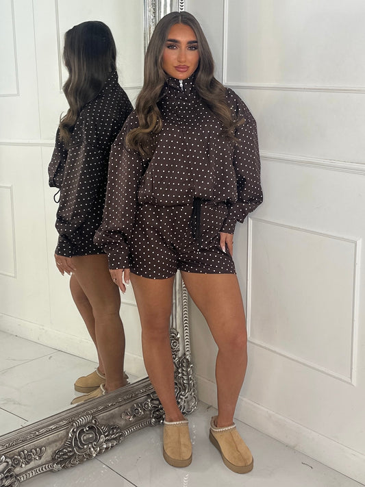 Polka Dot Zip Up Jacket & Elasticated Waist Shorts Set - Brown