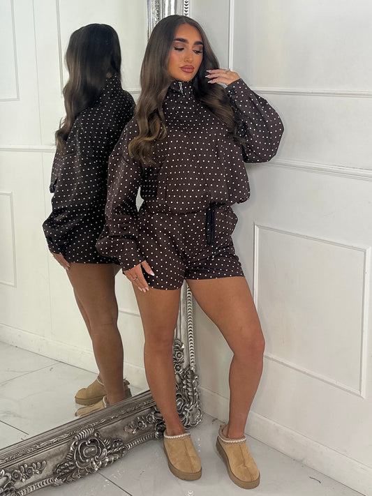 Polka Dot Zip Up Jacket & Elasticated Waist Shorts Set - Brown