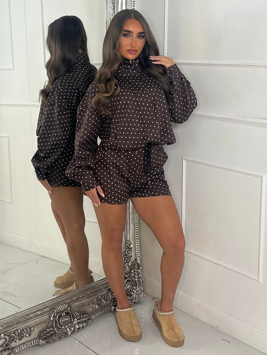 Polka Dot Zip Up Jacket & Elasticated Waist Shorts Set - Brown