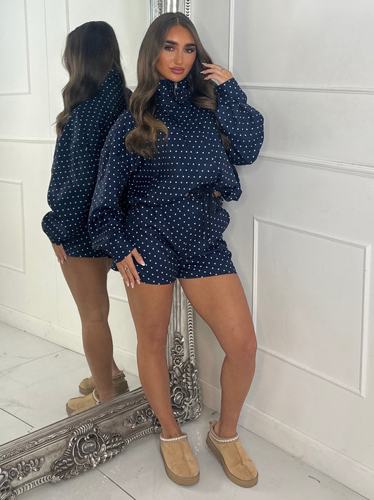 Polka Dot Zip Up Jacket & Elasticated Waist Shorts Set - Navy