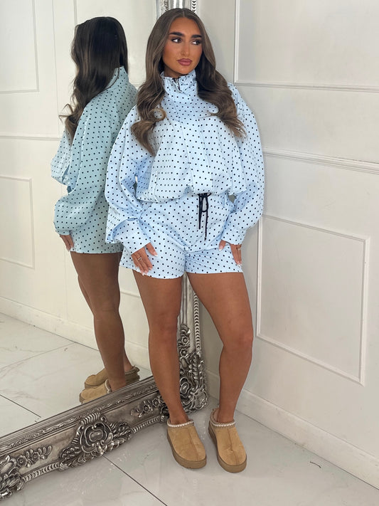 Polka Dot Zip Up Jacket & Elasticated Waist Shorts Set - Baby Blue