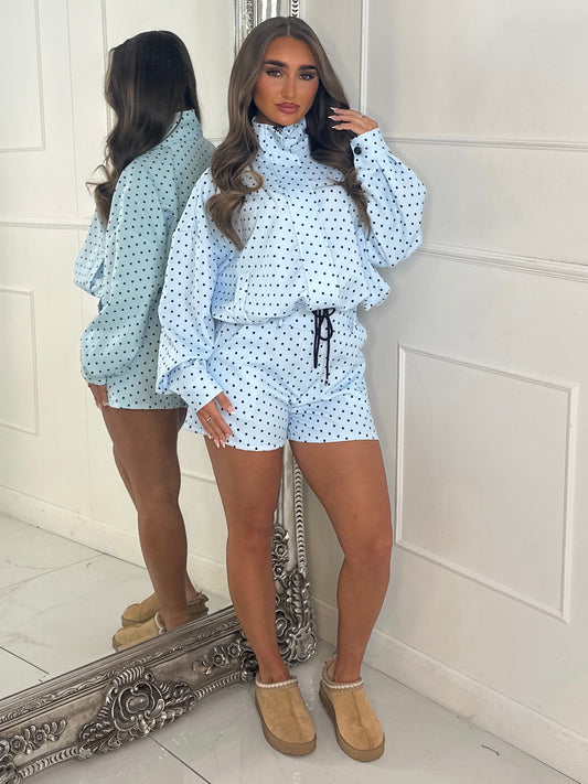 Polka Dot Zip Up Jacket & Elasticated Waist Shorts Set - Baby Blue