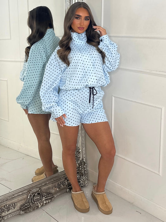 Polka Dot Zip Up Jacket & Elasticated Waist Shorts Set - Baby Blue