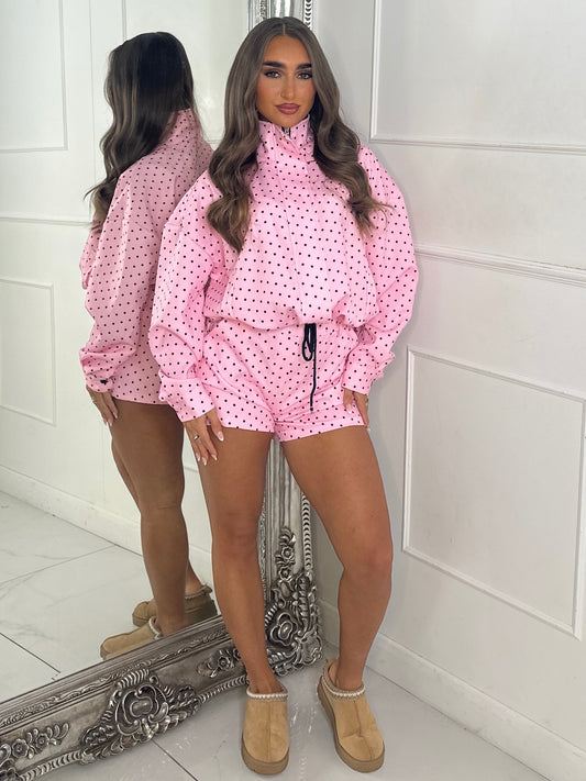 Polka Dot Zip Up Jacket & Elasticated Waist Shorts Set - Baby Pink