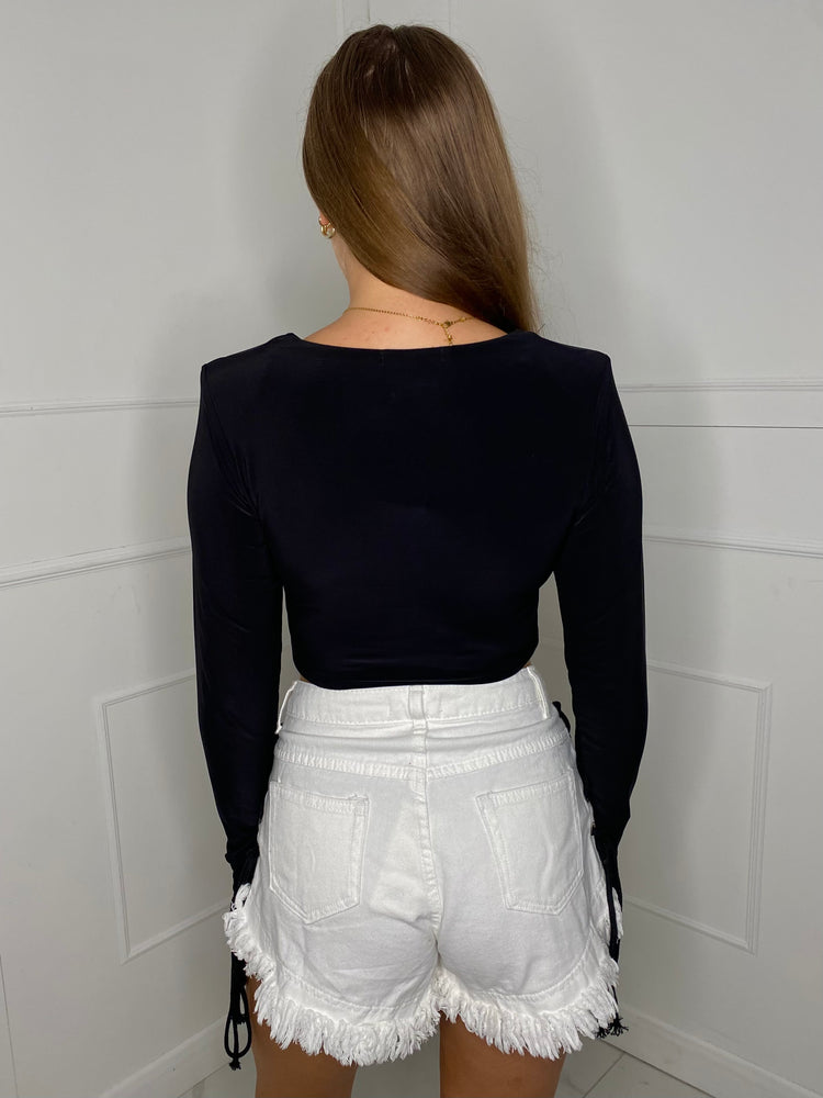 Fringe Detail Denim Lace Up Shorts - White/Black