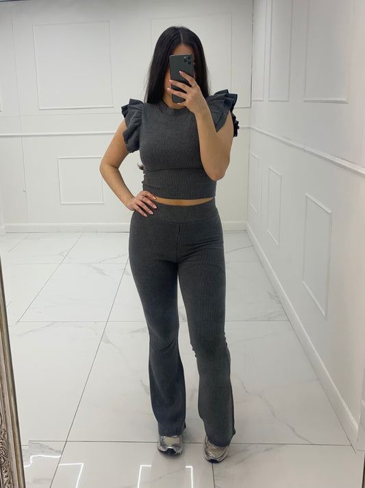 Ribbed Frill Shoulder and Flares Co-ord - Charcoal