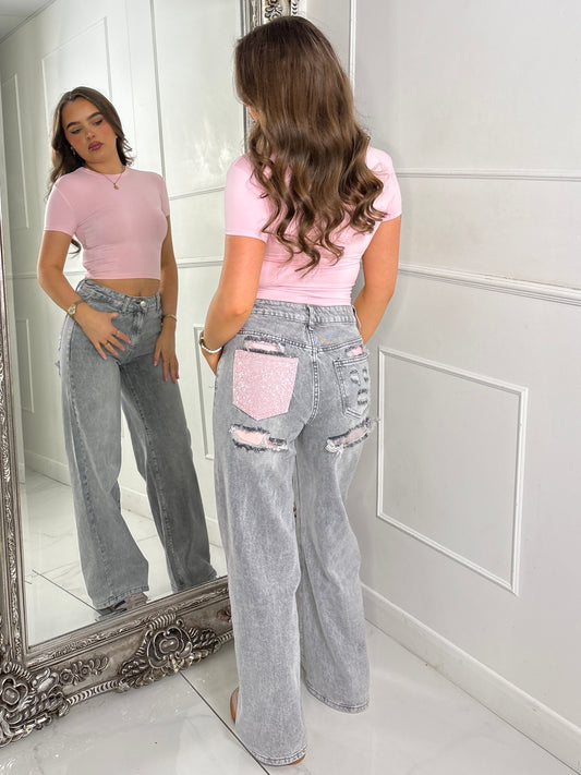 Sequin Pocket Detail Denim Jeans - Grey/Pink