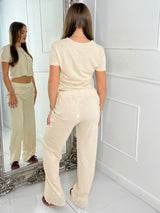 Patterned Round Neck Button Up Top & Wide Leg Pants Co-Ord - Beige