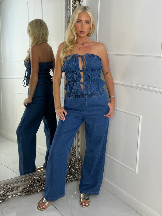 Tie Front Bandeau Top & Straight Leg Pants - Dark Denim