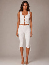 Tie Front Lace Top & Capri Pants Co-Ord - White