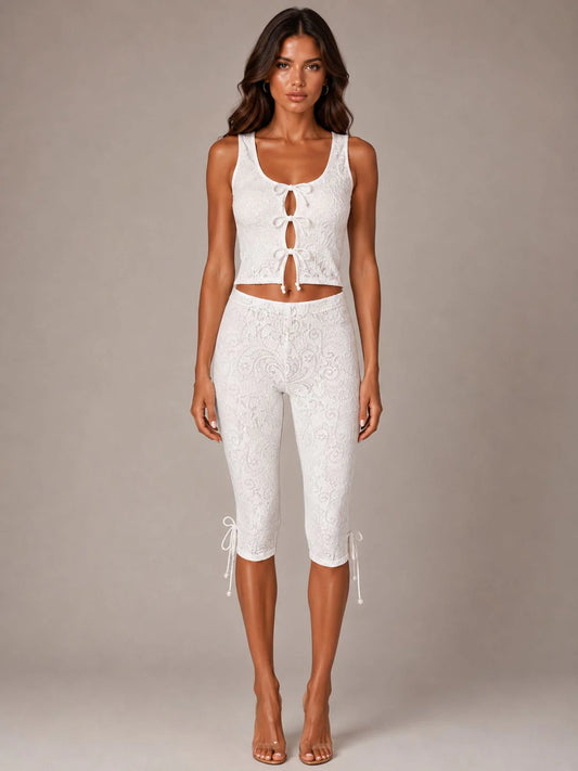 Tie Front Lace Top & Capri Pants Co-Ord - White