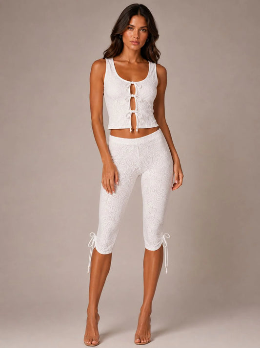 Tie Front Lace Top & Capri Pants Co-Ord - White