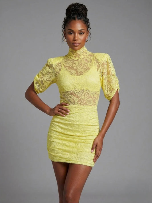 Lace Mini Dress with Slit Sleeve Detail - Yellow