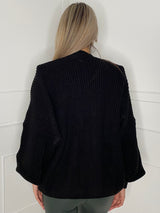 Balloon Sleeve Knitted Cardigan - Black