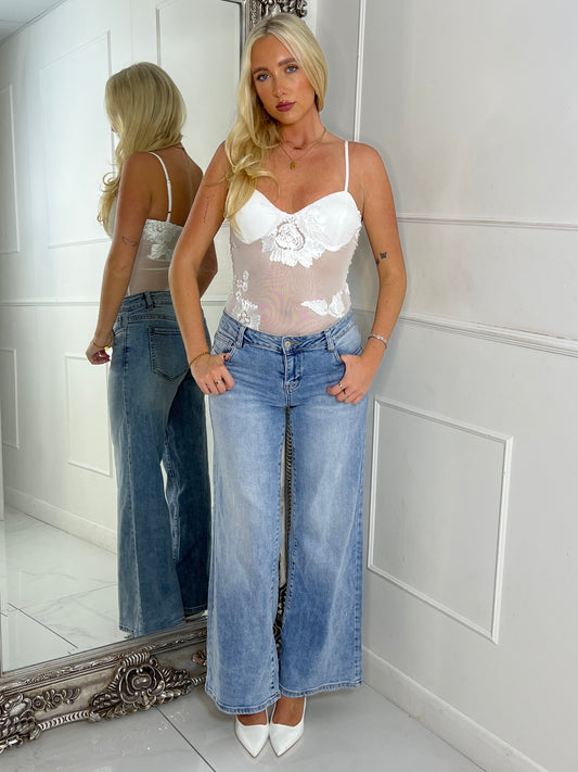3D Flower Textured Mesh BodySuit - White