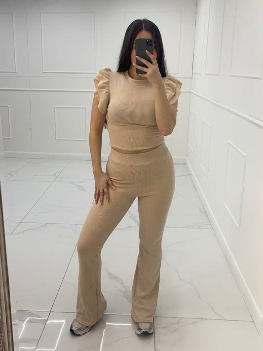 Ribbed Frill Shoulder and Flares Co-ord - Beige