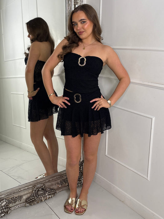 Gold Buckle Detail Lace Bandeau Top & Skort Co-Ord - Black