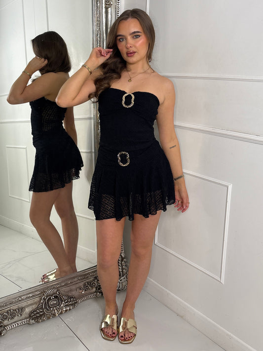 Gold Buckle Detail Lace Bandeau Top & Skort Co-Ord - Black