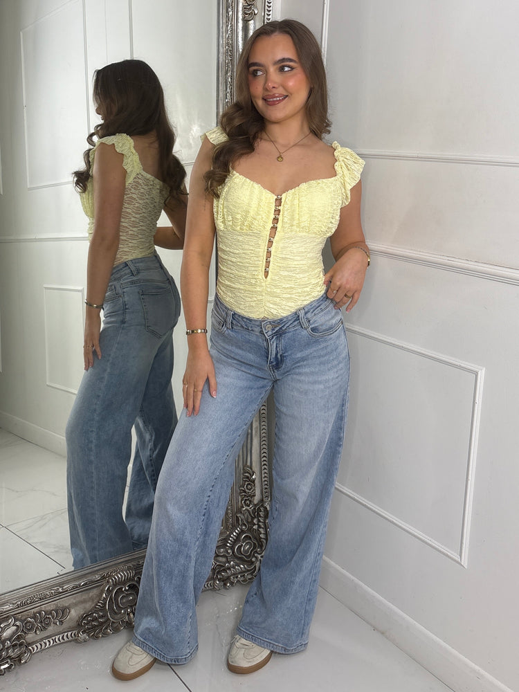 Frill Shoulder Sleeveless Gold Detail Lace Bodysuit - Lemon Yellow