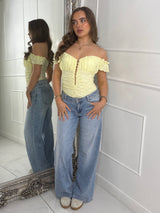 Frill Shoulder Sleeveless Gold Detail Lace Bodysuit - Lemon Yellow