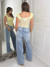 Frill Shoulder Sleeveless Gold Detail Lace Bodysuit - Lemon Yellow