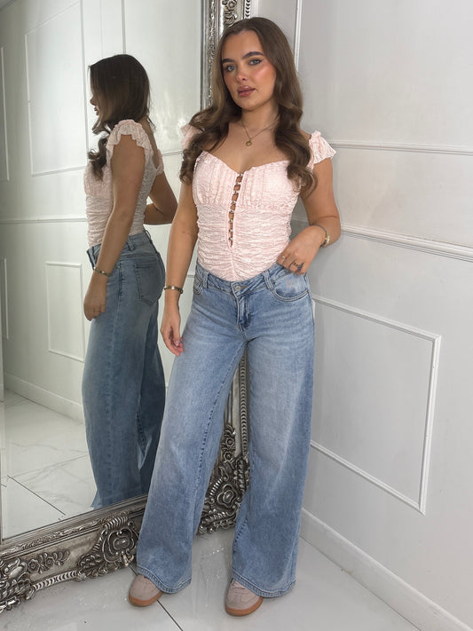 Frill Shoulder Sleeveless Gold Detail Lace Bodysuit - Baby Pink