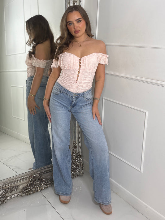 Frill Shoulder Sleeveless Gold Detail Lace Bodysuit - Baby Pink