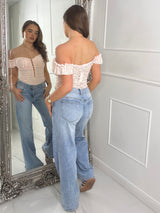 Frill Shoulder Sleeveless Gold Detail Lace Bodysuit - Baby Pink