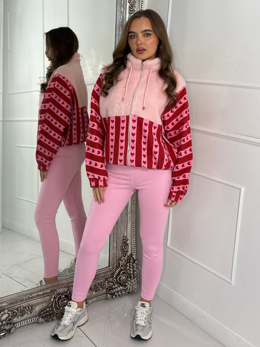 Zip Up Striped Heart Contrast Fleece Jacket - Pink/Red