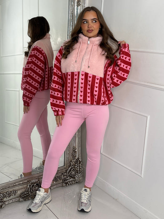 Zip Up Striped Heart Contrast Fleece Jacket - Pink/Red